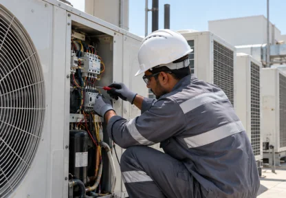 Technician performing AC maintenance on a commercial HVAC unit in Dubai