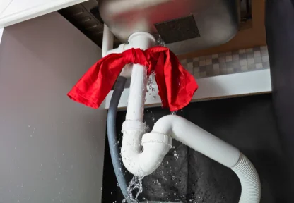 Leaking plumbing pipe under a sink requiring water leak repair