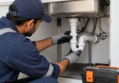 Plumber inspecting a blocked drain in Dubai