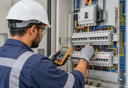 Electrician inspecting a commercial electrical distribution board with a digital multimeter