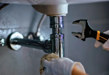 Plumber repairing a pipe under a sink during plumbing maintenance in Dubai