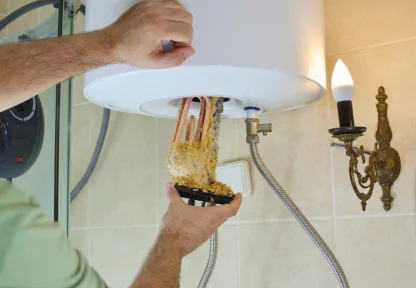 Technician inspecting a corroded water heater heating element during repair
